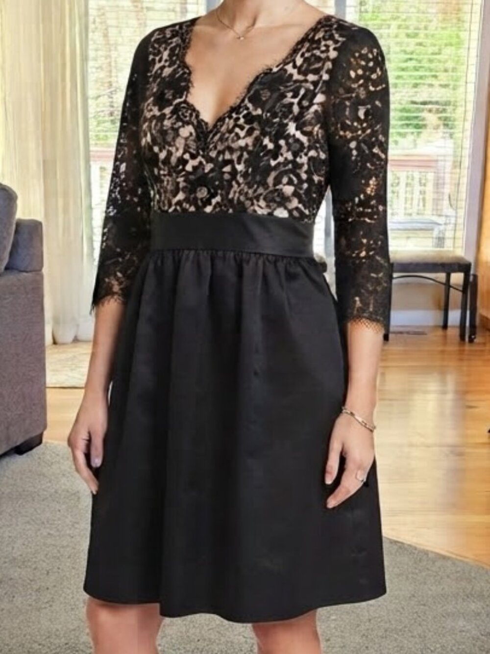 NWT Eliza J sz 8 black lace overay and solid taffeta skirt dress with v neckline